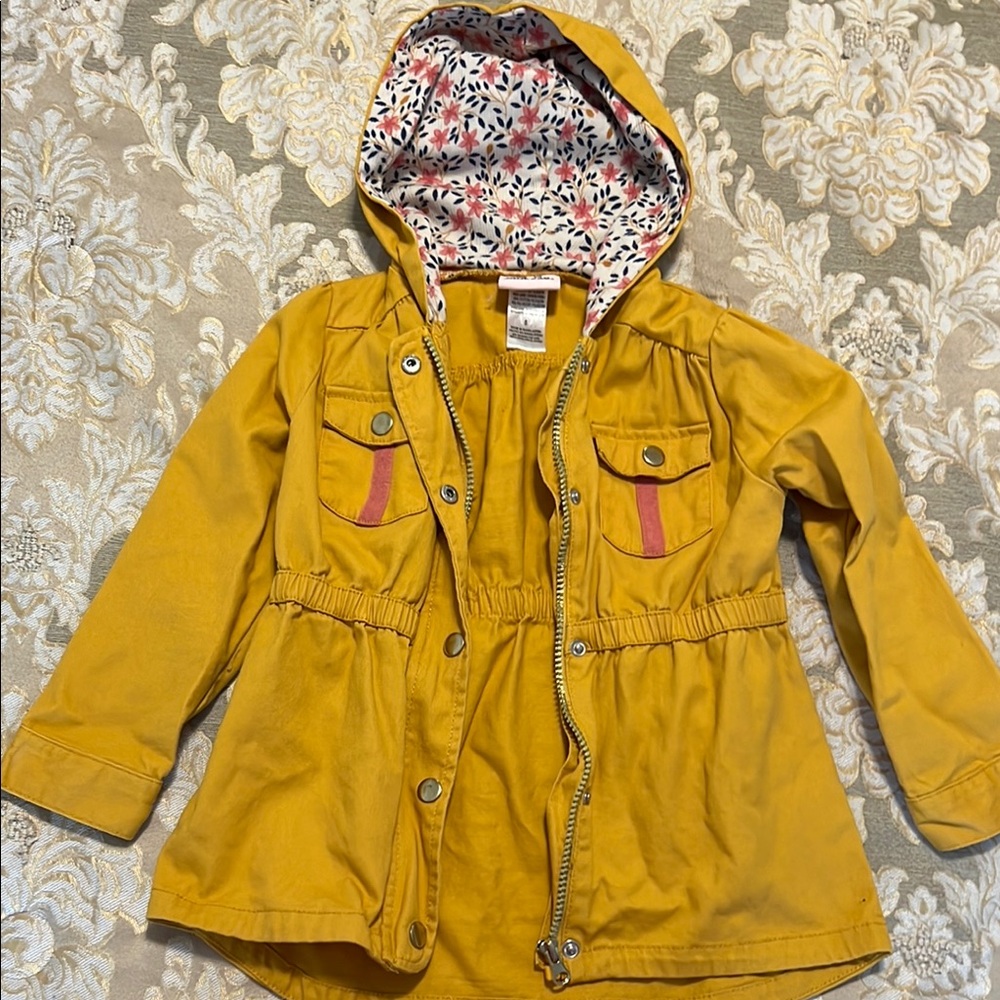 Little Lass Mustard Jean jacket coat with Floral Hood
